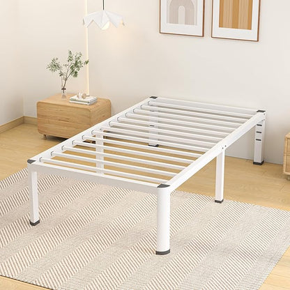 18 Inch Twin Size Metal Bed Frame with Round Corners, Storage Space Under High Bed Frame-Heavy Duty Steel Slats Support, Noise Free - Easy Assembly - No Box Spring Needed,White