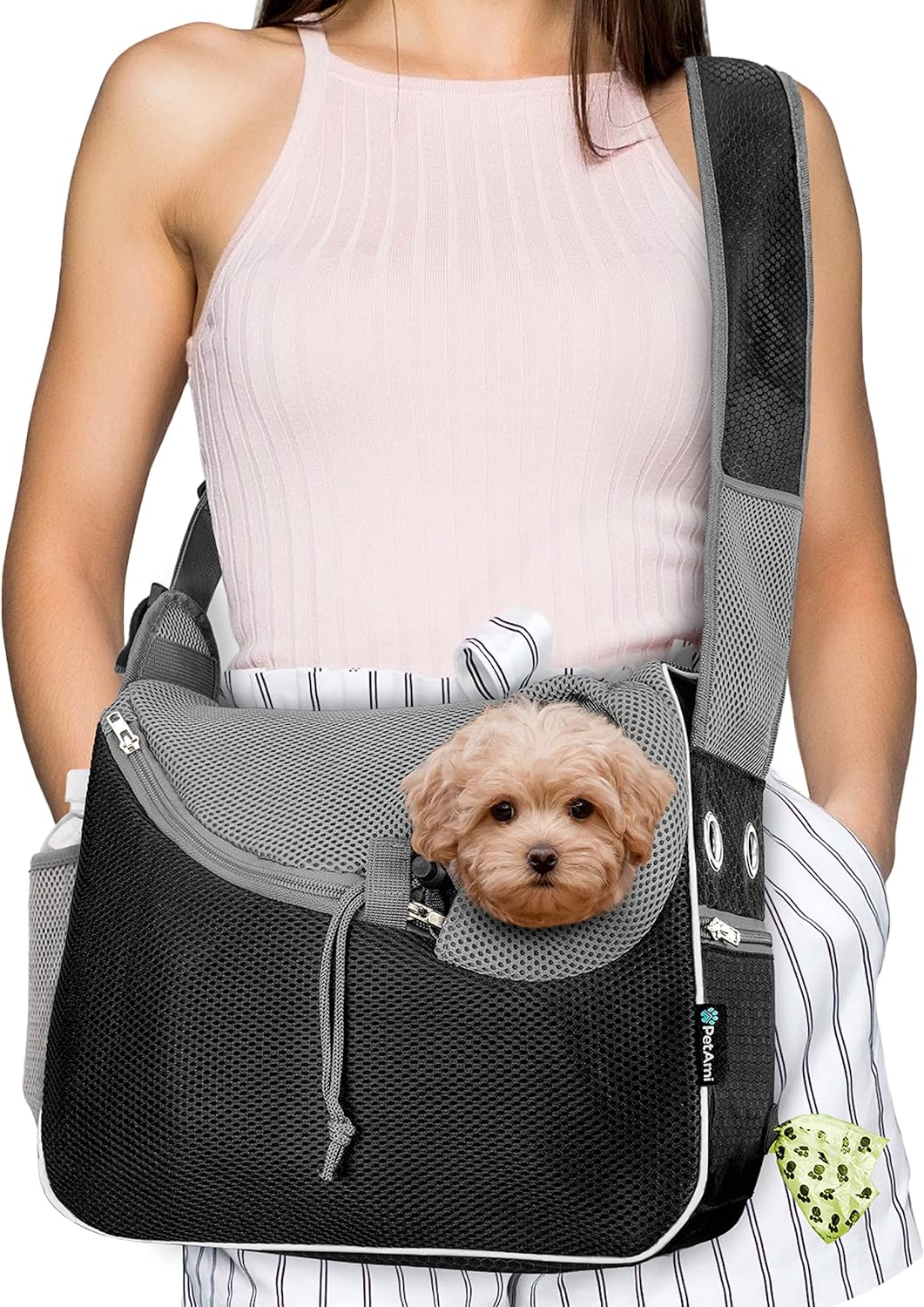 PetAmi Small Dog Sling Carrier, Soft-Sided Crossbody Puppy Carrying Purse Bag, Adjustable Sling Pet Pouch to Wear Medium Dog Cat Travel, Dog Bag for Traveling, Poop Bag Dispenser, Max 10 lbs, Black