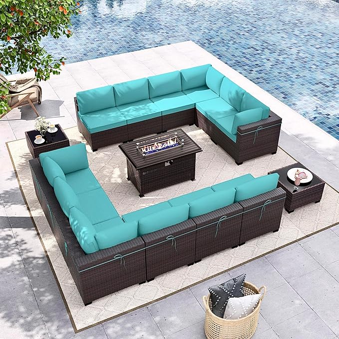 Gotland 15 Pieces Patio Furniture Set with Fire Pit Table, All Weather Rattan Outdoor Furniture with 29.5'' High Backrest 4’’ Thick Cushions Coffee Table, Patio Set for Porch, Deck, Backyard, Blue