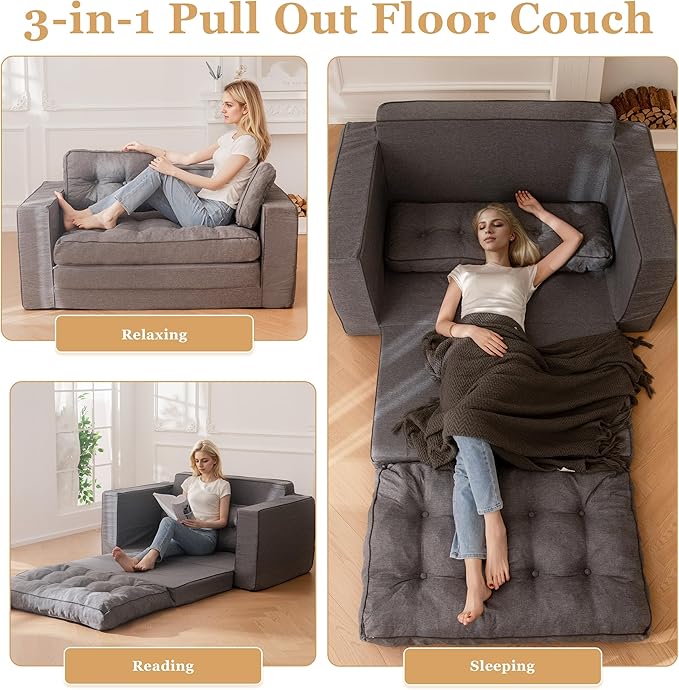 YOSHOOT Loveseat Sleeper Sofa,55" Convertible Sofa Bed Couch Futon Couches for Living Room,3-in-1 Pull Out Floor Couch with Backrest and Pillows