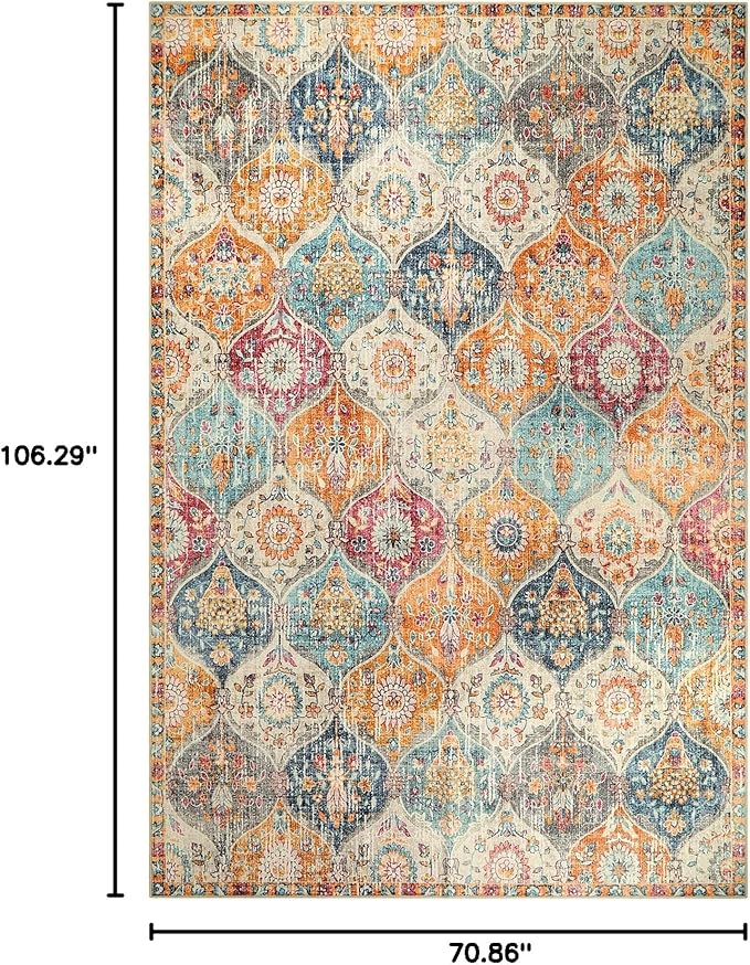 Lahome Moroccan 6x9 Rugs for Living Room, Soft Washable 6x9 Area Rug for Bedroom, Ultra-Thin Oriental Trellis Distressed Non Shedding Throw Large Carpet for Dining Room Office, Cream/Multi