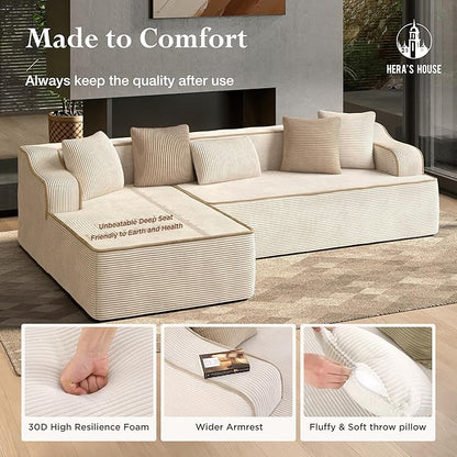 HERA'S HOUSE 105" Cloud Sectional Couch, Modular Upholstered Sofa with L-Shaped Chaise, Corduroy Boneless Couches with Wide Armrest and 5 Throw Pillows for Living Room, No Assembly Required, Beige