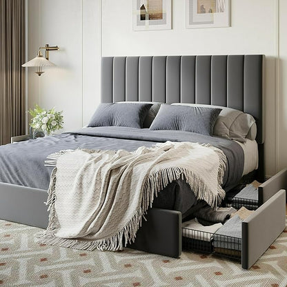 SHA CERLIN Full Size Platform Bed Frame with 4 Storage Drawers, Vertical Channel Tufted Adjustable Headboard, Velvet Upholstered, Wooden Slats Support, No Box Spring Needed, Easy Assembly, Grey