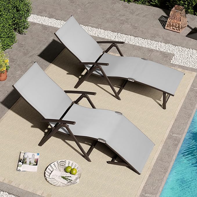 VredHom 2PCS Patio Chaise Lounge Outdoor Adjustable Folding Lounge Chair Recliner with 8 Adjustable Backrest Positions for Pool Beach Yard, Light Grey Textliene & Brown Aluminum Frame