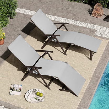 VredHom 2PCS Patio Chaise Lounge Outdoor Adjustable Folding Lounge Chair Recliner with 8 Adjustable Backrest Positions for Pool Beach Yard, Light Grey Textliene & Brown Aluminum Frame