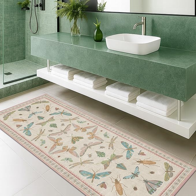 Boho Bathroom Runners - 2x5 Pink Rug for Kitchen, Entry Way, Hallway, Non Slip Washable Butterfly Insect Print Home Decor