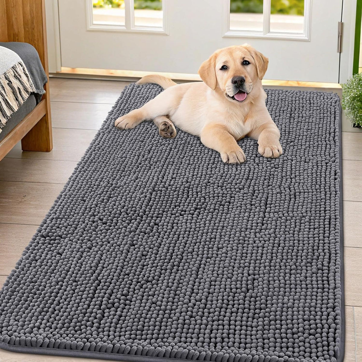 Smiry Dog Door Mat for Muddy Paws 47x32, Absorbs Moisture and Dirt Doormat, Non-Slip Washable Quick Dry Chenille Front Door Mat Indoor Entrance, Entryway Carpet for Inside Floor, Dark Grey
