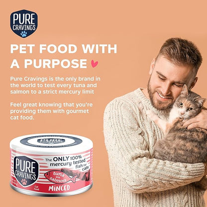Pure Cravings Minced Tuna and Salmon Wet Canned Cat Food, 100% Mercury-Tested, Moist Can Fish for Cats, Grain-Free, Protein, Non-GMO, 3oz, Pack of 12