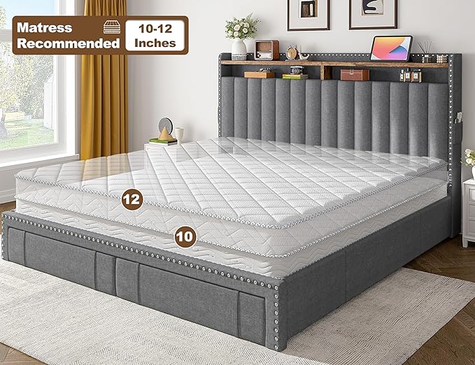 EnHomee King Size Bed Frame, Upholstered King Bed Frame with 4 Storage Drawers & 2-Tier Headboard Shelves, 1200LBS Heavy Duty, No Box Spring Needed, Easy Assembly, Grey