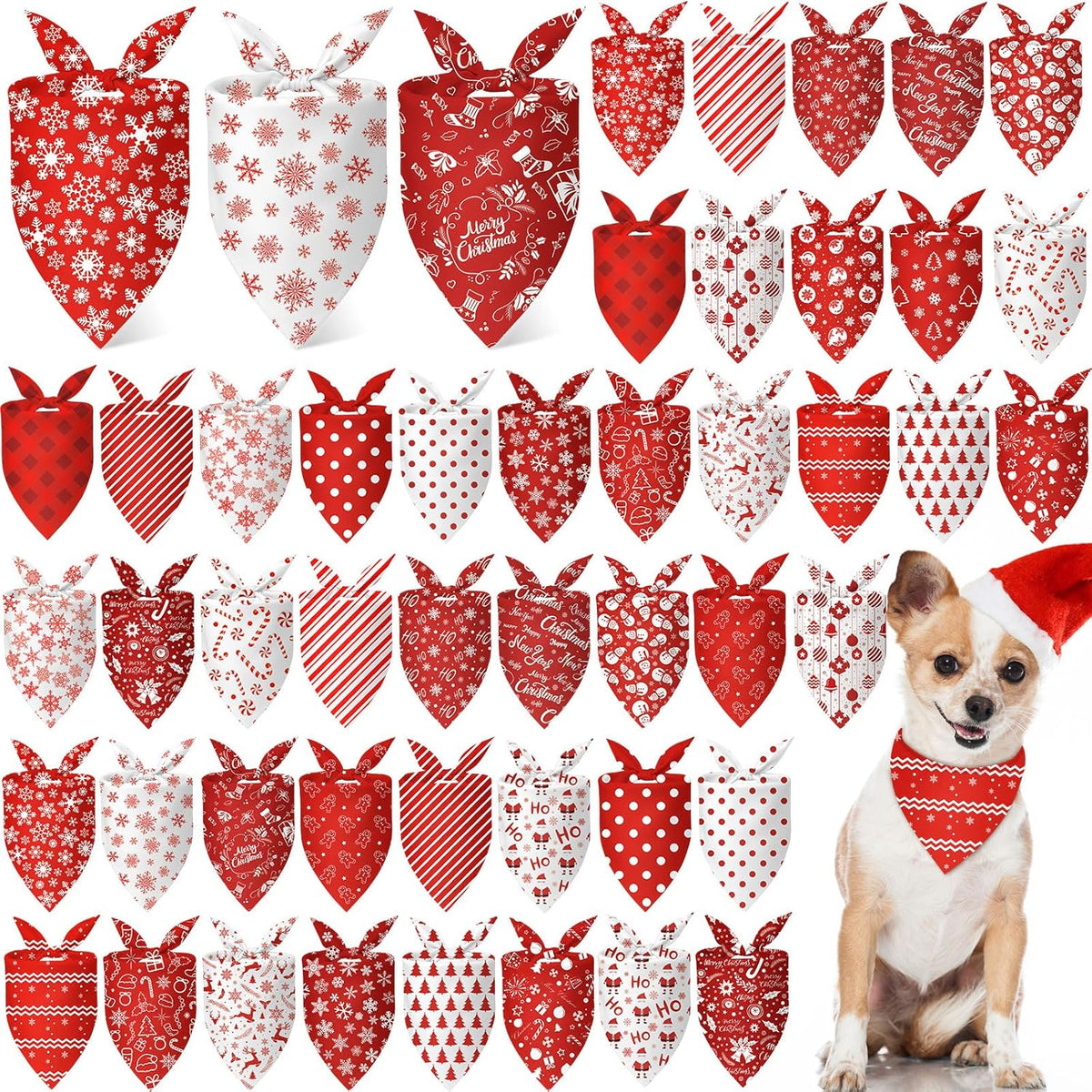 Abbylike 50 Pcs Christmas Dog Bandanas Bulk Xmas Red and White Bandanas for Dogs Triangle Kerchief Bibs Scarf Set for Pet Christmas Costume Photo Props Accessories Pet Shops (31.5 x 21.7 x 21.7)