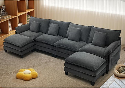 Modular Sectional Sofa, Comfy Cloud Couch with Movable Ottoman, Deep Seat Couches for Living Room, Bedroom and Apartment, 140" U Shaped Modern Sofa with Pillows, Grey