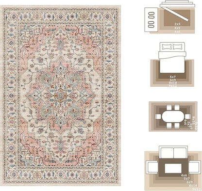 8x10 Area Rugs for Living Room Ultra-Soft Washable Rug Vintage Distressed Boho Area Rug, Non-Slip Low Pile Stain Resistant Carpet for Bedroom Dining Room Kitchen Office