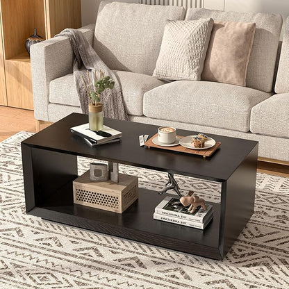 Coffee Table with Storage, Mid Century Modern, Rectangle Cocktail Tea Table, Farmhouse Wood Coffee Table for Living Room, Home Office (Black)
