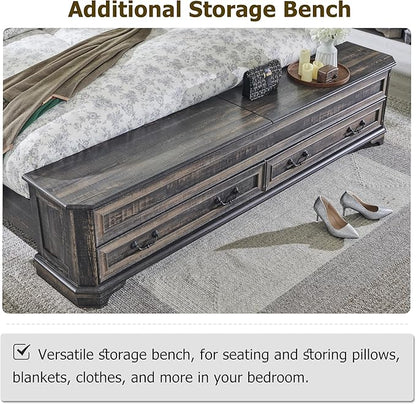 T4TREAM Farmhouse Queen Bed with Headboard and Storage Bench, Rustic Wood Platform Bed with 64" Storage Chest w/ 4 Large Drawer, Dark Rustic Oak