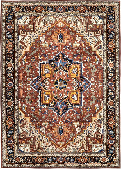 Moynesa Ultra-Thin Washable Oriental Area Rug - 5x7 Large Living Room Rug, Non-Slip Non-Shedding Stain Resistance Low Pile Playroom Mat Indoor Floor Carpet for Bedroom Nursery, Brown/Multi