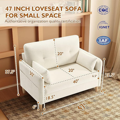 47" Small Sofa Couch, Soft Chenille loveseat Mini Couch with Throw Pillow and Removable Cushion Cover for Small Spaces, Bedroom, Apartment, Dorm, Office, Living Room(Beige)