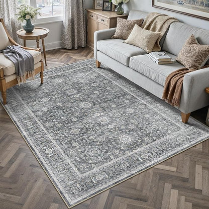 Blue 4x6 Area Rug Non Slip Vintage Office Entryway Rug Distressed Machine Washable Kitchen Carpet Retro Traditional Floral Accent Throw Door Mat for Bedroom Bathroom Dining Living Room