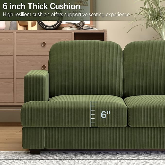 WiberWi 87 inch Couches for Living Room, Comfy 3 Seater Sofa with Deep Seat, Modern Green Corduroy Couch with Wide Armrests, Upholstered Backrests with Removable Cover
