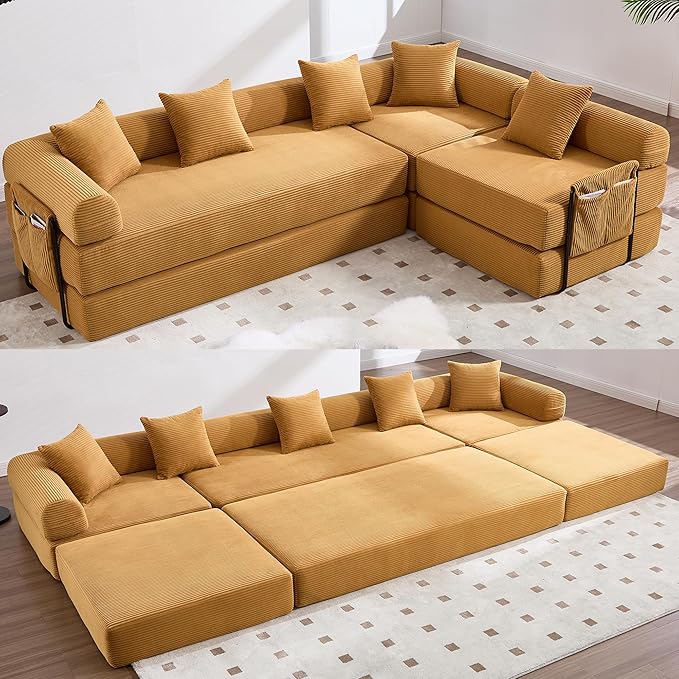 106" Oversized Convertible Sleeper Sofa Bed, Corduroy L Shape Sectional Couch, Folding Sofa Bed with Side Pocket, Modern Cloud Floor Mattress Couch, Modular Sofa for Living Room, Mustard Yellow