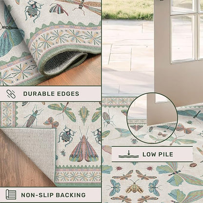 Insect Print 8ft Long Hallway Runner Rug - 2'6''x8' Light Green Rug for Kitchen Floor, Wide Entryway Runner Rug, Washable Non Slip with Rubber Backing, Cool Butterfly Indoor Decor