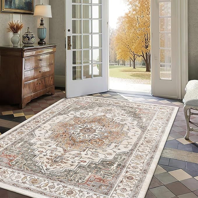 3x5 Vintage Area Rugs for Indoor Entrance Stain Resistant Washable Entryway Rug Ultra Soft Low Pile Lightweight Carpet Faux Wool Rugs for Living Room Bedroom Playroom Home Office