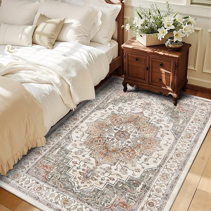 3x5 Vintage Area Rugs for Indoor Entrance Stain Resistant Washable Entryway Rug Ultra Soft Low Pile Lightweight Carpet Faux Wool Rugs for Living Room Bedroom Playroom Home Office