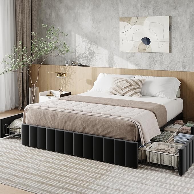 Allewie Full Size Platform Bed Frame with 4 Large Storage Drawers, Velvet Vertical Channel Tufted Upholstered Bed Base, Wooden Slats Support, Noise-Free, No Box Spring Needed, Easy Assembly, Black