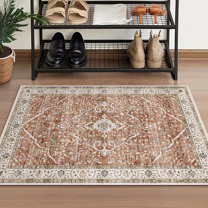 Deerly Washable Rug Small 2x3 Area Rug for Entryway Indoor Kitchen - Soft Rugs Low Pile Non-Slip Rubber Backing Oriental Indoor Area Rug (Border Brick Red ), 2'x3'
