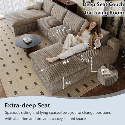 136" Cloud Sectional Couch U-Shaped Chaise with Ottoman, Corduroy Boneless Couch for Living Room Bedroom, Deep-Seat Upholstered Modular Cloud Sofa, No Assembly Required (Camel, Left Facing Chaise)