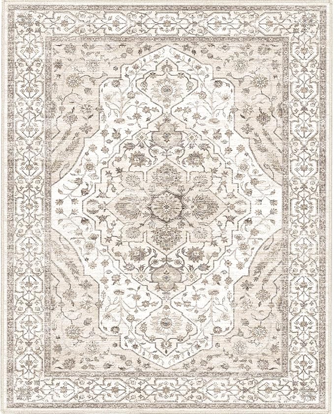 8'x10' Machine Washable Vintage Design Area Rug - Non Slip, Stain Resistant for Home, Office, Machine Washable Area Rugs 8x10,Area Rugs for Living Room (Beige Cream 8x10)…