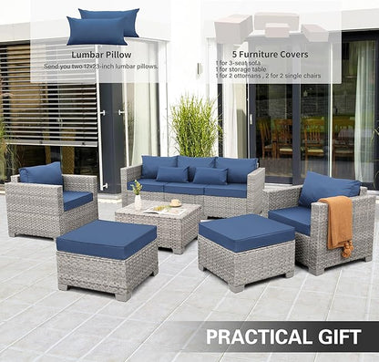 WAROOM Patio Furniture Set 6 Piece Outdoor Patio Set Grey Wicker Balcony Furniture Conversation Sets PE Rattan Couch Sofa with Coffee Table, Blue Cushion
