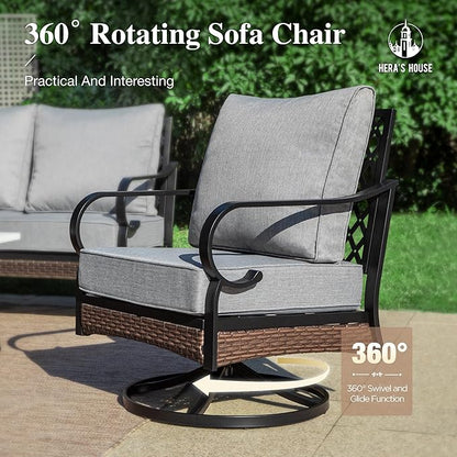 HERA'S HOUSE 4 Piece Metal Patio Furniture Set, All Weather Outdoor Conversation Set with 3 Seat Sofa, 2 Swivel Chairs & Coffee Table, Seats 5 for Backyard, Garden, Deck, Grey