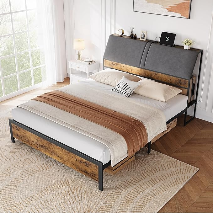 Queen Size Platform Bed Frame with Ergonomic Upholstered Headboard, Built-in Charging Station, Storage Headboard, Sturdy Metal Slats, No Box Spring Needed, Easy Assembly