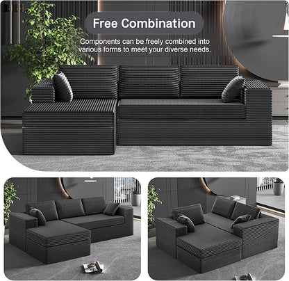 luckyvo 108-inch Boneless Couch for Living Room，Comfy Boneless Sofa with Deep Seats & Chaise Lounge, 3-Seat Modular Sofa Memory Foam Sectional Couches - No Assembly Required(Dark Grey)