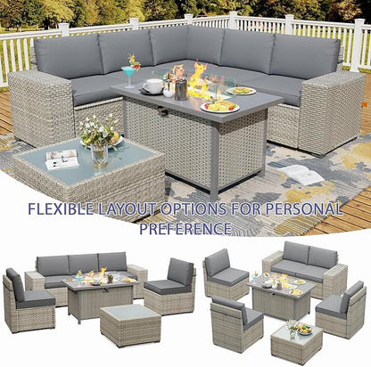 Broivira 7 Piece Patio Furniture Set with 50,000 BTU Rattan Fire Pit Table That Converts to Coffee Table, 9.8" Wide Arm Sectional Sofa with Storage Armrests, Outdoor Rattan Conversation Set, Grey