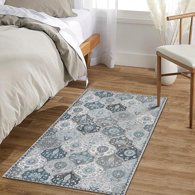 Lahome Moroccan Trellis Small Area Rug, 2x4 Rugs for Entryway Non-Slip Vintage Ultra-Thin Washable Indoor Door Mat Distressed Throw Carpet for Bathroom Kitchen Bedroom, Blue
