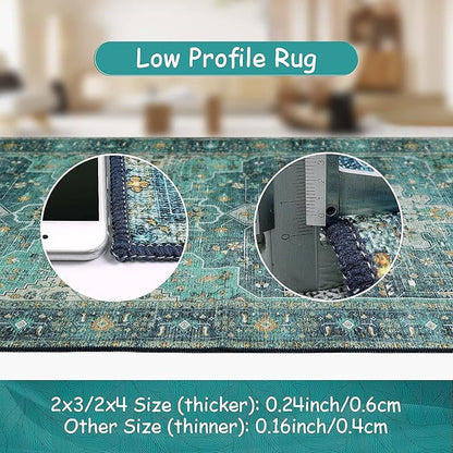Moynesa Ultra-Thin Washable 10x14 Area Rugs for Living Room, Teal Large Living Room Rug Non Slip, Vintage Oriental Indoor Floor Carpet for Dining Room Table Dorm Home Office Decor