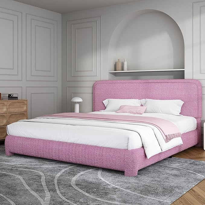 BarnFurin King Size Boucle Bed Frame and Headboard, Cloud Upholstered Platform Bed Frame, Soft Rounded Corners, Modern Style, No Box Spring Required, Easy Assembly, Rose Pink