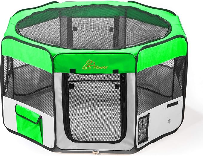 Pawer 36”×18.5” 8-Panel Foldable Pet Playpen, Bright Green+Grey, Personalize Embroidery Fabric Piece Available, for Cat/Dog/Puppy, 600D Oxford Cloth Portable Indoor & Outdoor Kennel with Carry Bag