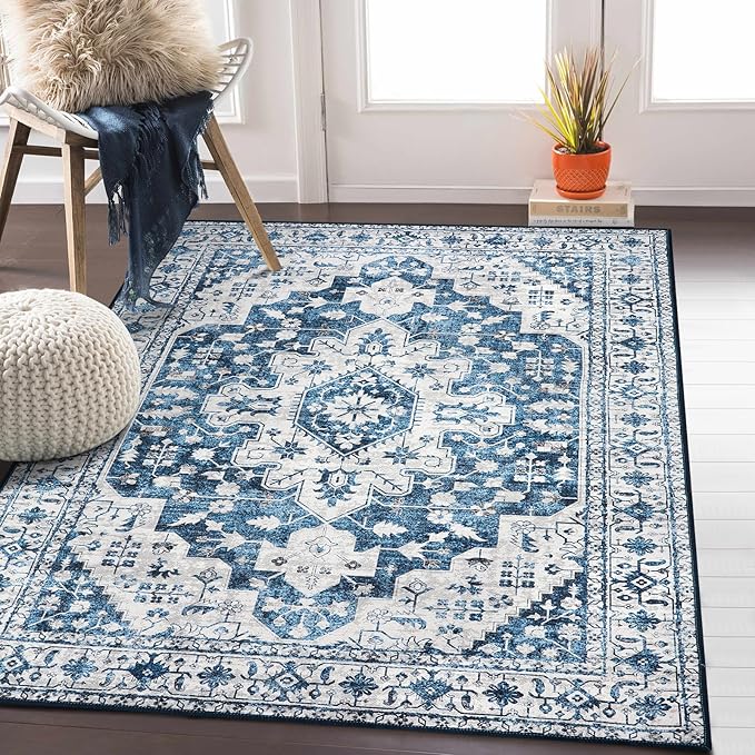 Moynesa Ultra-Thin Washable Vintage Area Rug - 4x6 Living Room Rug for Bedroom Office, Low Pile Non Slip Oriental Laundry Bathroom Mat Indoor Floor Carpet for Entrance Kitchen Mudroom