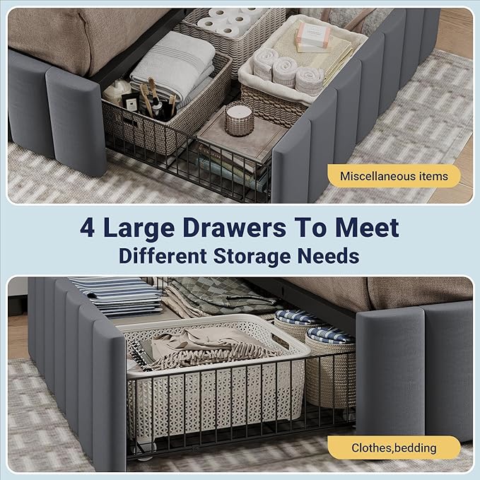 Allewie King Size Platform Bed Frame with 4 Large Storage Drawers, Velvet Vertical Channel Tufted Upholstered Bed Base, Wooden Slats Support, Noise-Free, No Box Spring Needed, Easy Assembly, Grey