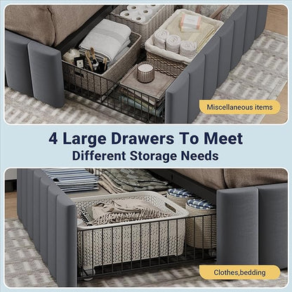 Allewie Full Size Platform Bed Frame with 4 Large Storage Drawers, Velvet Vertical Channel Tufted Upholstered Bed Base, Wooden Slats Support, Noise-Free, No Box Spring Needed, Easy Assembly, Grey