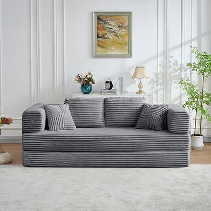 79.5" Folding Convertible Sofa Bed with Side Storage Pockets, 4-in-1 Corduroy Boneless Couch, No Assembly Loveseat Sleeper, Floor Sofa Daybed Futon Couch for Living Room Bedroom Lounge, Grey Upgraded