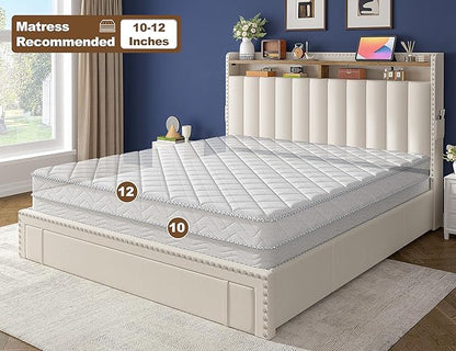 EnHomee Queen Size Bed Frame, Upholstered Queen Bed Frame with 3 Storage Drawers & 2-Tier Headboard Shelves, 1100LBS Heavy Duty, No Box Spring Needed, Easy Assembly, Beige
