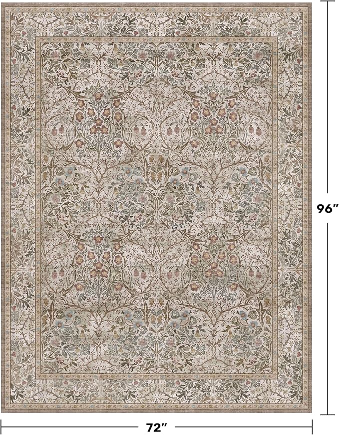 Dining Room Rugs for Under Table - 6x8 Washable Moss Green Area Rug for Living Room, Low Pile Non-Slip Floor Carpet for Bedroom - Vintage Olive Taupe Design & Stain Resistance