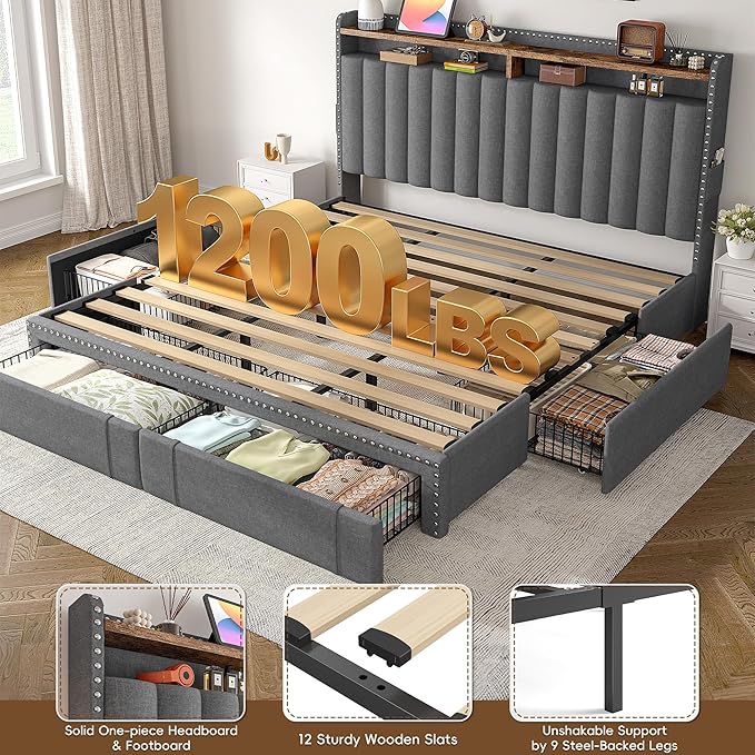 EnHomee King Size Bed Frame, Upholstered King Bed Frame with 4 Storage Drawers & 2-Tier Headboard Shelves, 1200LBS Heavy Duty, No Box Spring Needed, Easy Assembly, Grey