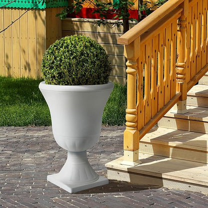 Worth Garden 2-Pack Plastic Urn Planters - 22'' Tall Round Classic Resin Flower Pots Pure White Traditional Large Plant Pots for Front Porch Patio Deck Wedding Decoration Pot - Indoor & Outdoor