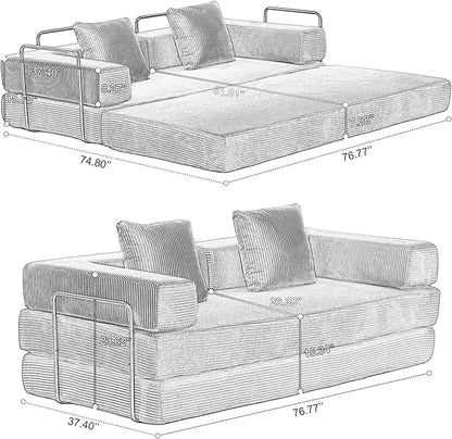 Convertible Couch Sofa Bed Foldable Floor Sleeper | Modern Fold Out Couch | Removable Backrest & Armrests | No Assembly Compression Sofa Sleeper for Living Room, Bedroom | Corduroy Fabric Green