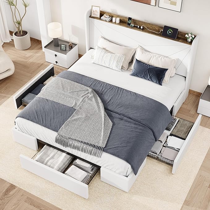 Allewie King Size Velvet Bed Frame with 3 Storage Drawers, Upholstered Platform Bed with Wingback Storage Headboard and USB Ports, No Box Spring Needed, Easy Assembly, White