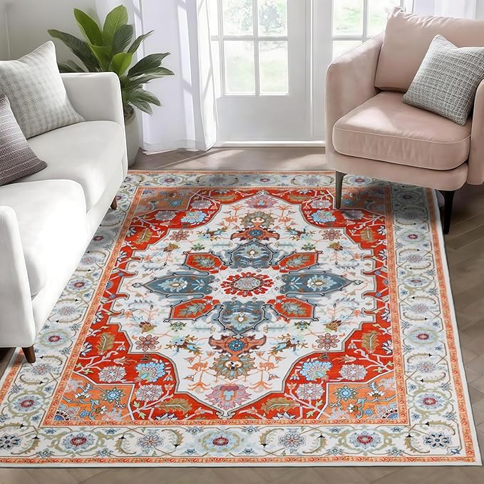 WILLSUN Washable Area Rugs, 3x5 Non-Slip Boho Large Area Rugs for Living Room, Bedroom, Machine Washable Vintage Rug, Indoor Floral Print Carpet for Home Decor, Kid & Pet Friendly Mat